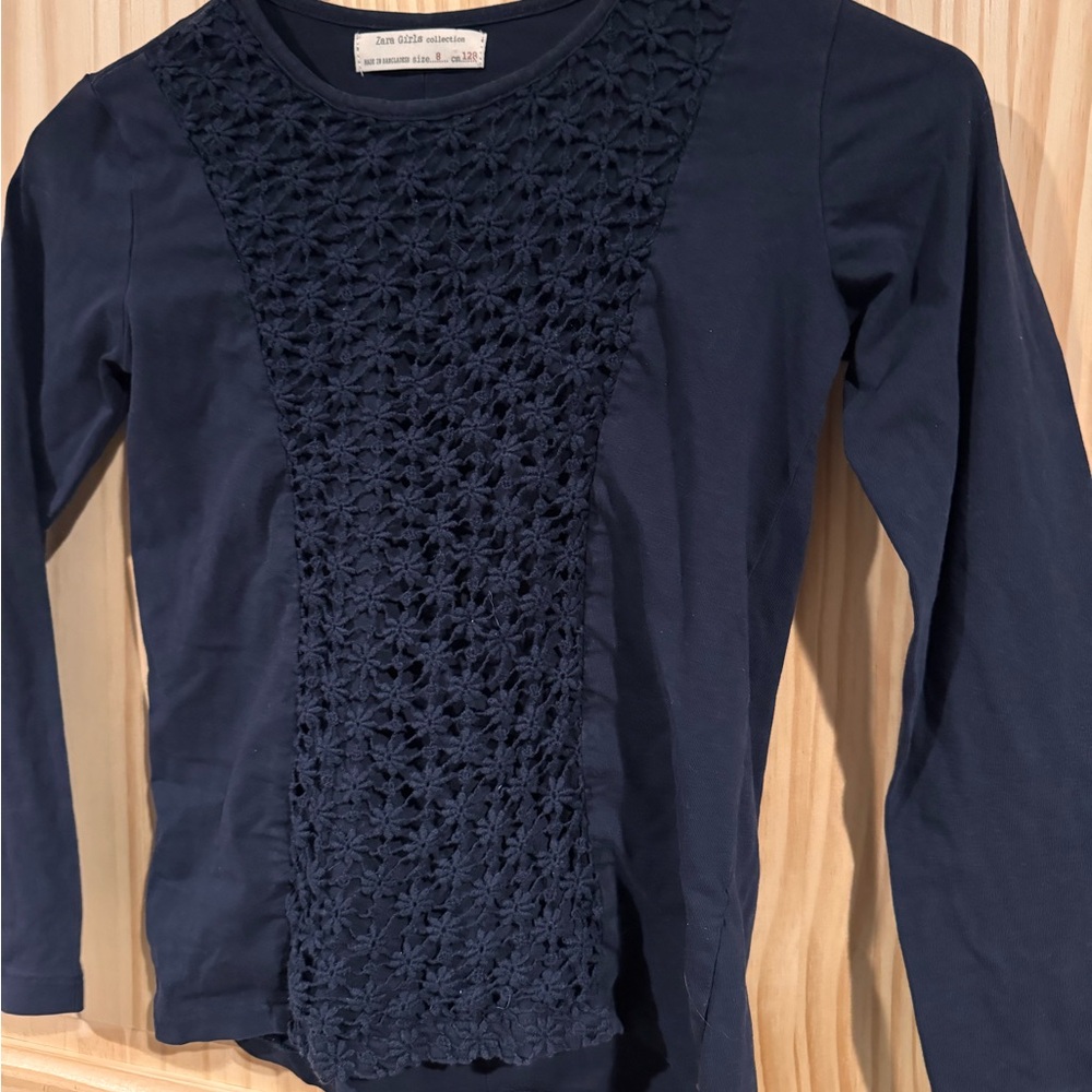Zara Girls Navy Blue Long Sleeve‎ Top Floral Crochet Lace Panel Size 8 128cm